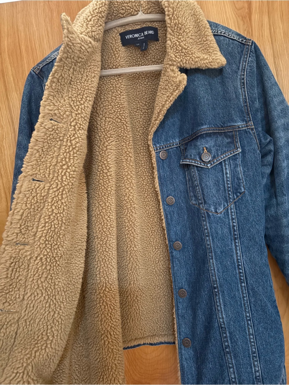 Veronica Beard Donna Sherpa Denim Jacket with Tan Collar - Picture 2 of 3